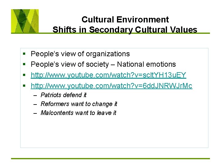 Cultural Environment Shifts in Secondary Cultural Values § § People’s view of organizations People’s