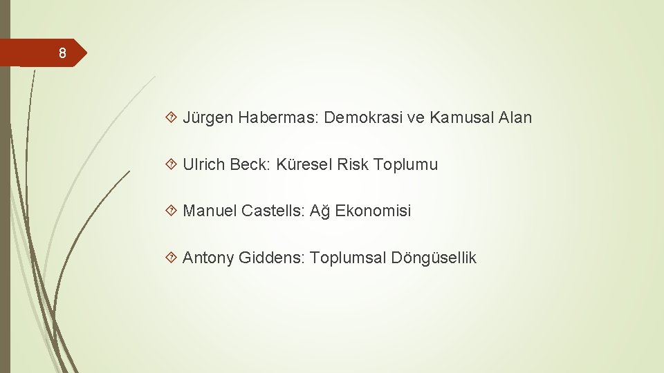 8 Jürgen Habermas: Demokrasi ve Kamusal Alan Ulrich Beck: Küresel Risk Toplumu Manuel Castells: