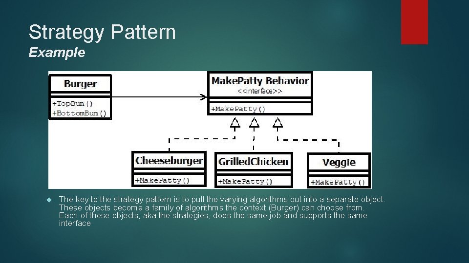 Strategy Pattern Example The key to the strategy pattern is to pull the varying Strategy Pattern Example The key to the strategy pattern is to pull the varying