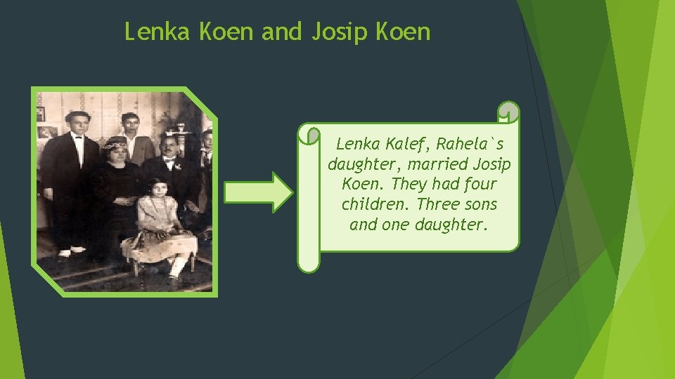 Lenka Koen and Josip Koen Lenka Kalef, Rahela`s daughter, married Josip Koen. They had Lenka Koen and Josip Koen Lenka Kalef, Rahela`s daughter, married Josip Koen. They had