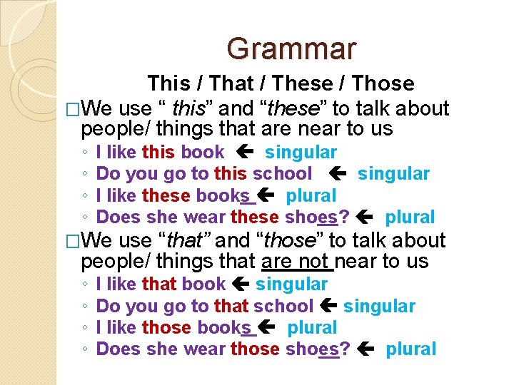 Grammar This / That / These / Those �We use “ this” and “these”