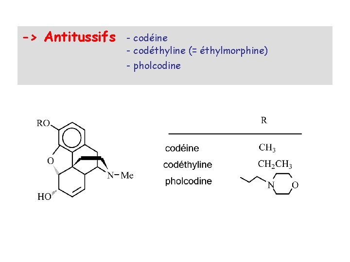 -> Antitussifs - codéine - codéthyline (= éthylmorphine) - pholcodine 