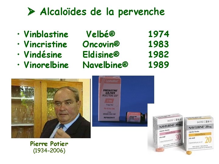  Alcaloïdes de la pervenche • • Vinblastine Vincristine Vindésine Vinorelbine Pierre Potier (1934