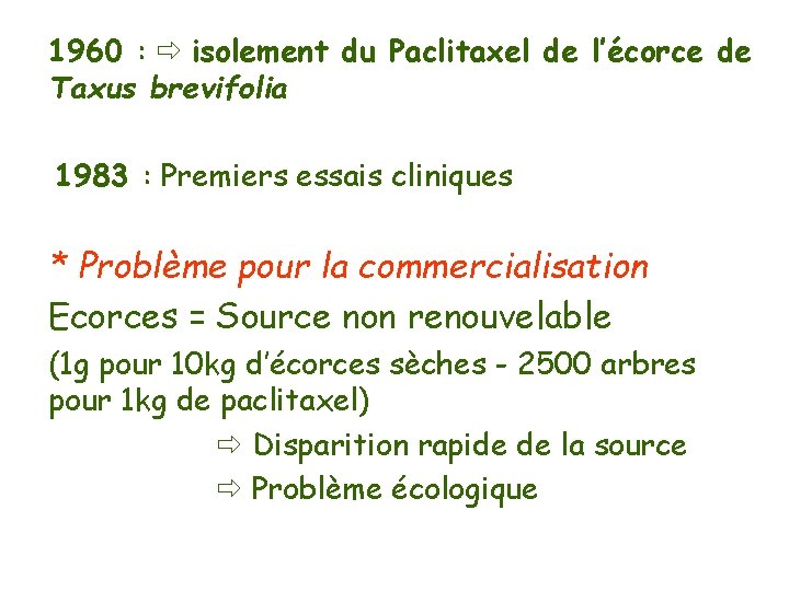 1960 : isolement du Paclitaxel de l’écorce de Taxus brevifolia 1983 : Premiers essais