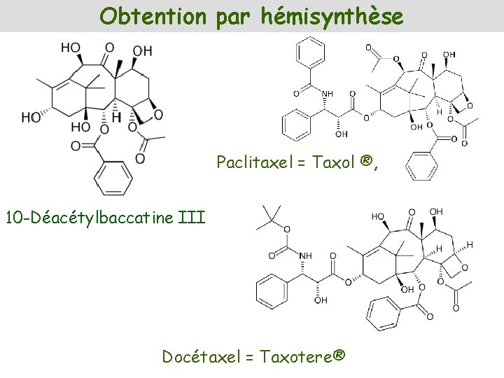 Obtention par hémisynthèse Paclitaxel = Taxol ®, 10 -Déacétylbaccatine III Docétaxel = Taxotere® 