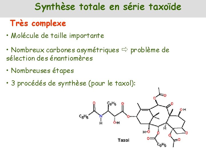 Synthèse totale en série taxoïde Très complexe • Molécule de taille importante • Nombreux