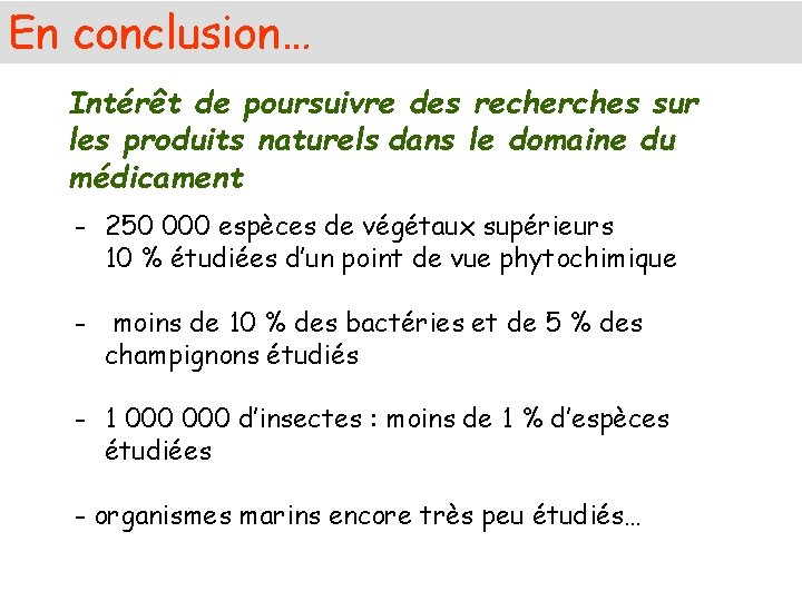 En conclusion… Intérêt de poursuivre des recherches sur les produits naturels dans le domaine