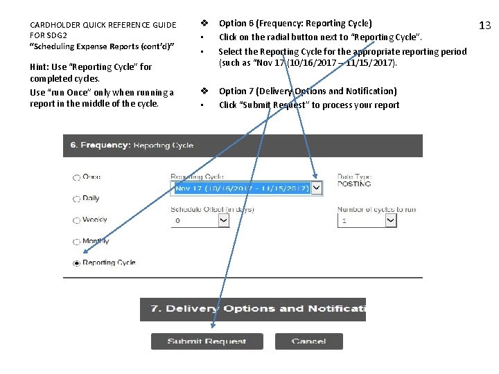 CARDHOLDER QUICK REFERENCE GUIDE FOR SDG 2 “Scheduling Expense Reports (cont’d)” Hint: Use “Reporting