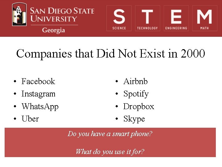 Companies that Did Not Exist in 2000 • • Facebook Instagram Whats. App Uber