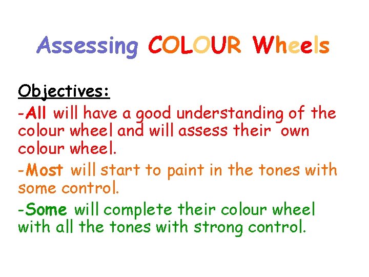Assessing COLOUR Wheels Objectives: -All will have a good understanding of the colour wheel