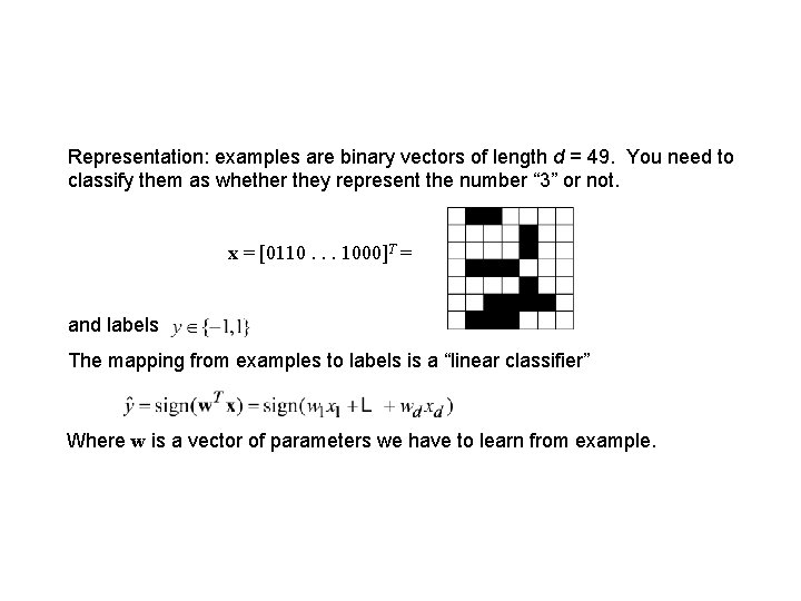 Representation: examples are binary vectors of length d = 49. You need to classify