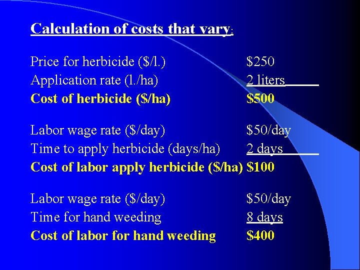 Calculation of costs that vary: Price for herbicide ($/l. ) Application rate (l. /ha)