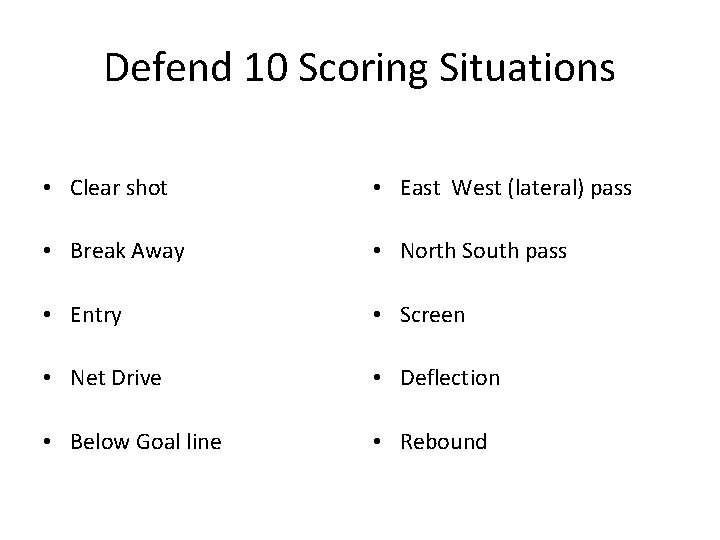 Defend 10 Scoring Situations • Clear shot • East West (lateral) pass • Break