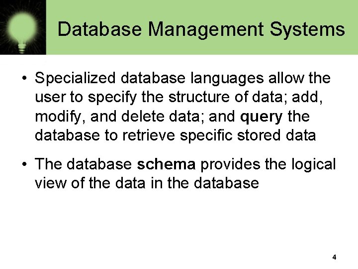 Database Management Systems • Specialized database languages allow the user to specify the structure