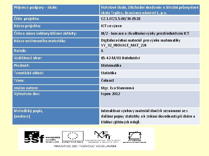 Příjemce podpory – škola: Číslo projektu: Hotelová škola, Obchodní akademie a Střední průmyslová škola