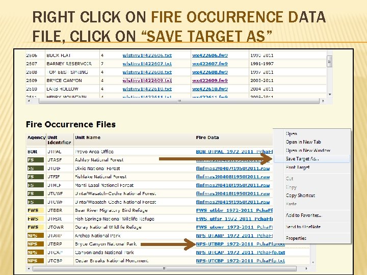 RIGHT CLICK ON FIRE OCCURRENCE DATA FILE, CLICK ON “SAVE TARGET AS” 