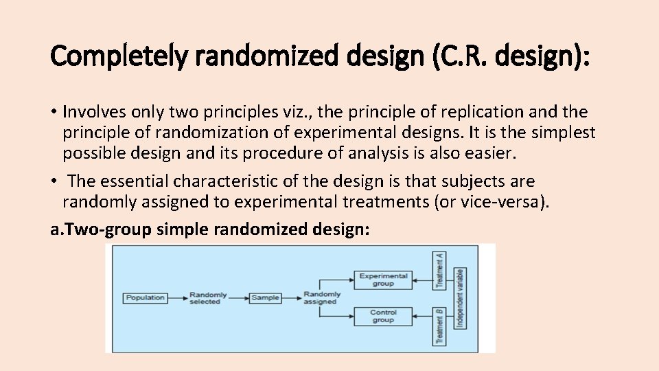 Completely randomized design (C. R. design): • Involves only two principles viz. , the