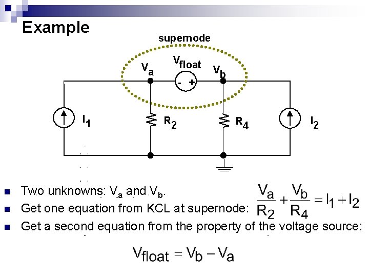Example supernode Va I 1 n n n Vfloat - + R 2 Vb Example supernode Va I 1 n n n Vfloat - + R 2 Vb