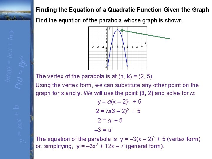 Finding the Equation of a Quadratic Function Given the Graph Find the equation of