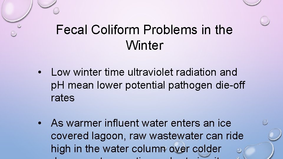 Fecal Coliform Problems in the Winter • Low winter time ultraviolet radiation and p.