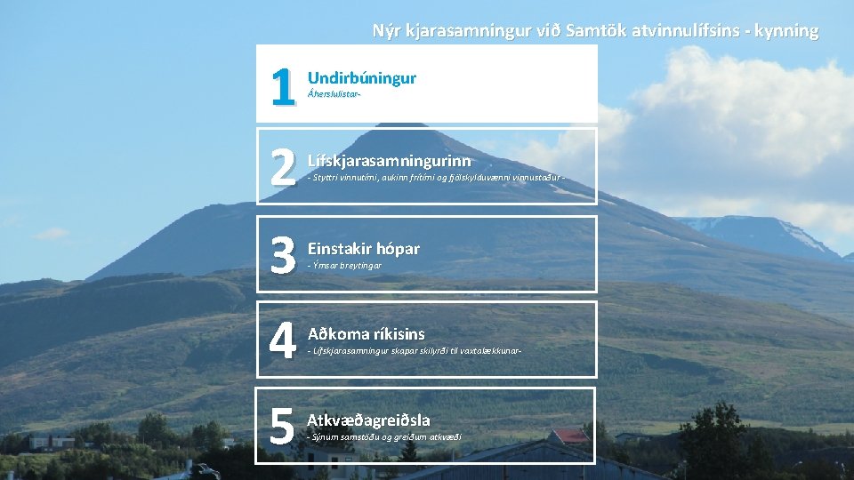 Nýr kjarasamningur við Samtök atvinnulífsins - kynning 1 2 3 4 5 Undirbúningur Áherslulistar-