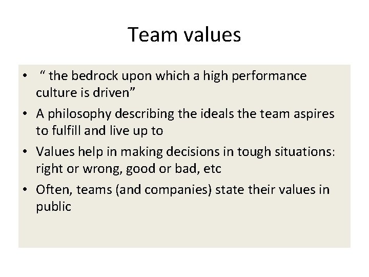 Team values • “ the bedrock upon which a high performance culture is driven”