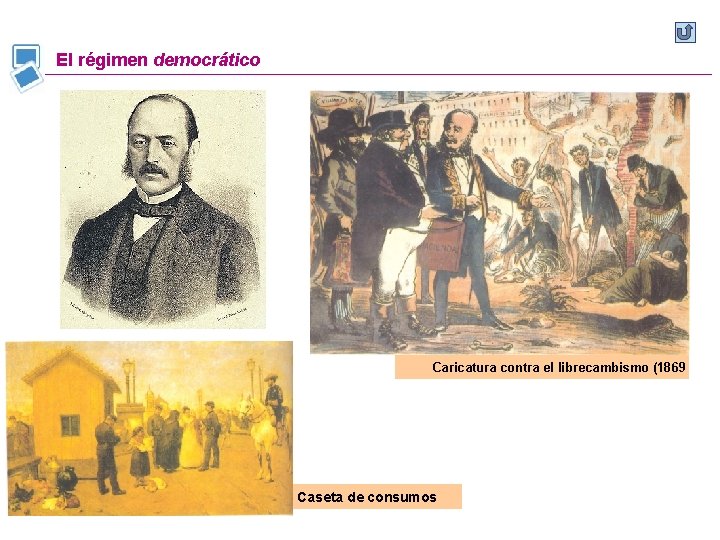 El régimen democrático Caricatura contra el librecambismo (1869 Caseta de consumos El régimen democrático Caricatura contra el librecambismo (1869 Caseta de consumos
