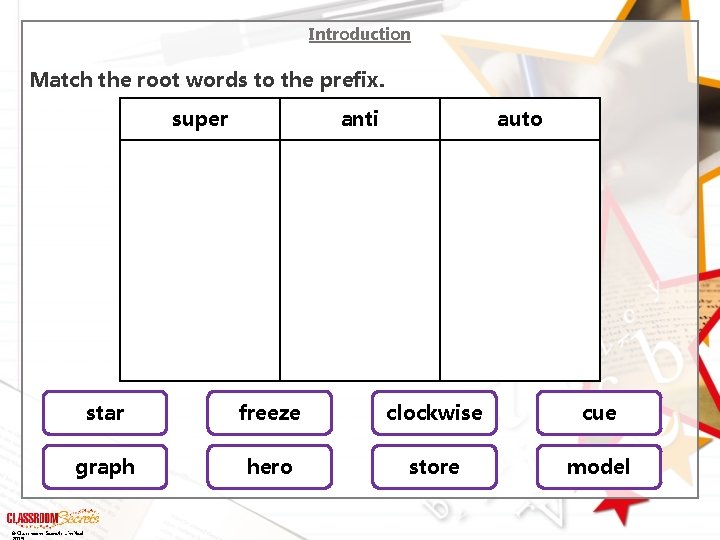 Introduction Match the root words to the prefix. super anti auto star freeze clockwise