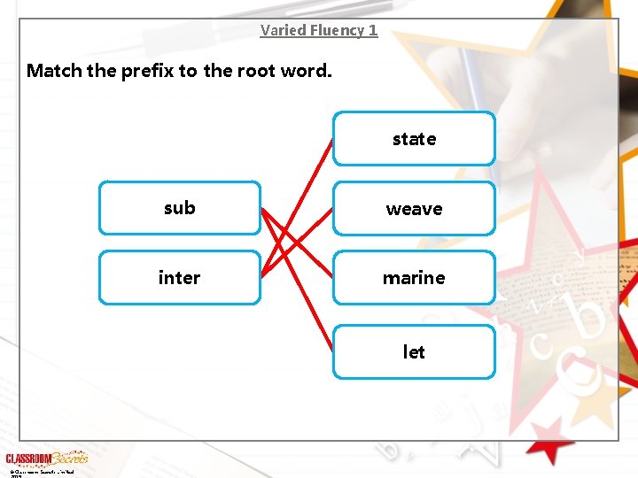 Varied Fluency 1 Match the prefix to the root word. state sub weave inter