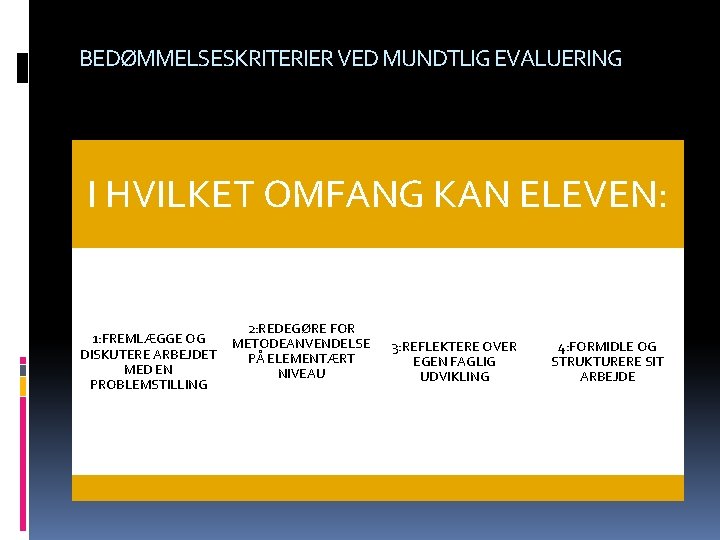 BEDØMMELSESKRITERIER VED MUNDTLIG EVALUERING I HVILKET OMFANG KAN ELEVEN: 1: FREMLÆGGE OG DISKUTERE ARBEJDET