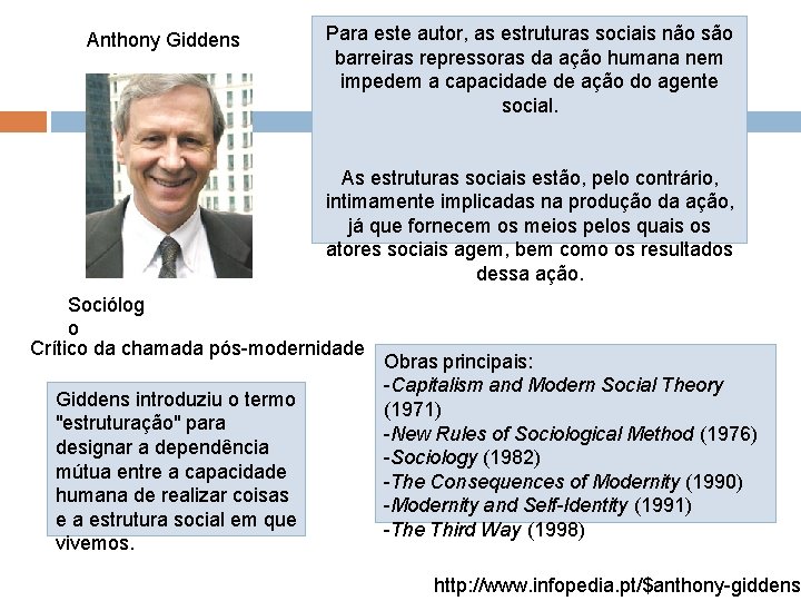 Anthony Giddens Para este autor, as estruturas sociais não são barreiras repressoras da ação