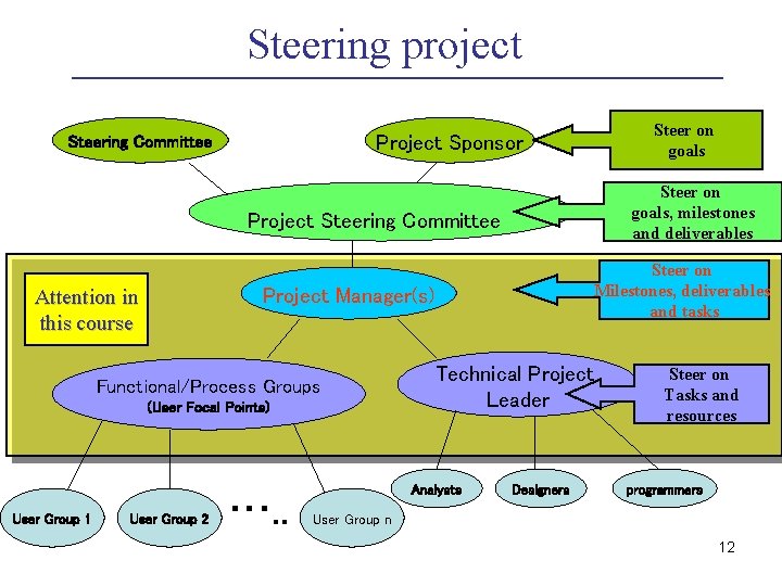 Steering project Steer on goals Project Sponsor Steering Committee Steer on goals, milestones and Steering project Steer on goals Project Sponsor Steering Committee Steer on goals, milestones and