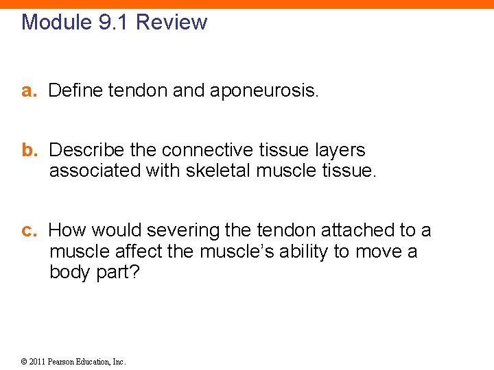 Module 9. 1 Review a. Define tendon and aponeurosis. b. Describe the connective tissue