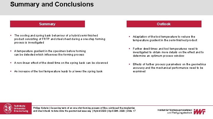 Summary and Conclusions Outlook Summary § The cooling and spring back behaviour of a