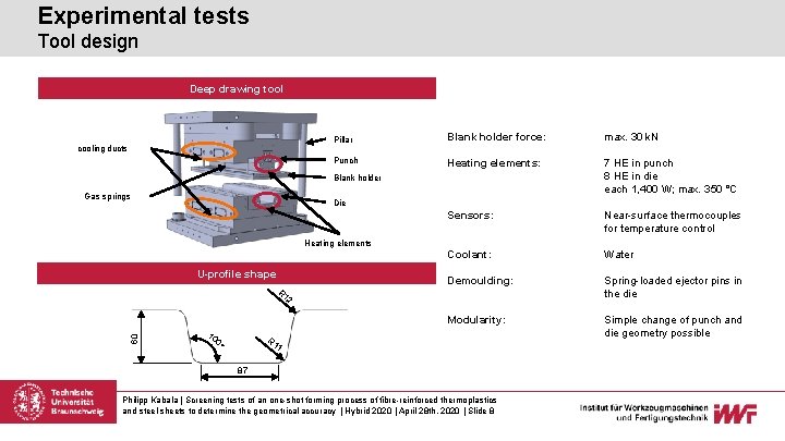 Experimental tests Tool design Deep drawing tool cooling ducts Pillar Blank holder force: max.