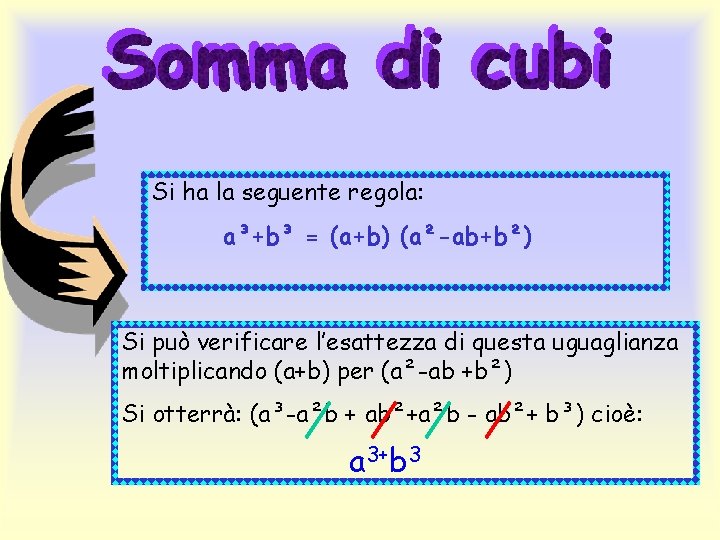 Si ha la seguente regola: a³+b³ = (a+b) (a²-ab+b²) Si può verificare l’esattezza di