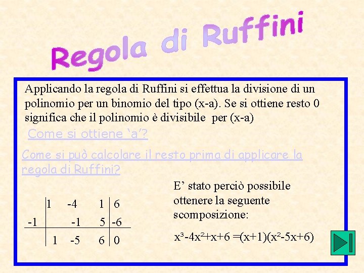 Applicando la regola di Ruffini si effettua la divisione di un polinomio per un Applicando la regola di Ruffini si effettua la divisione di un polinomio per un