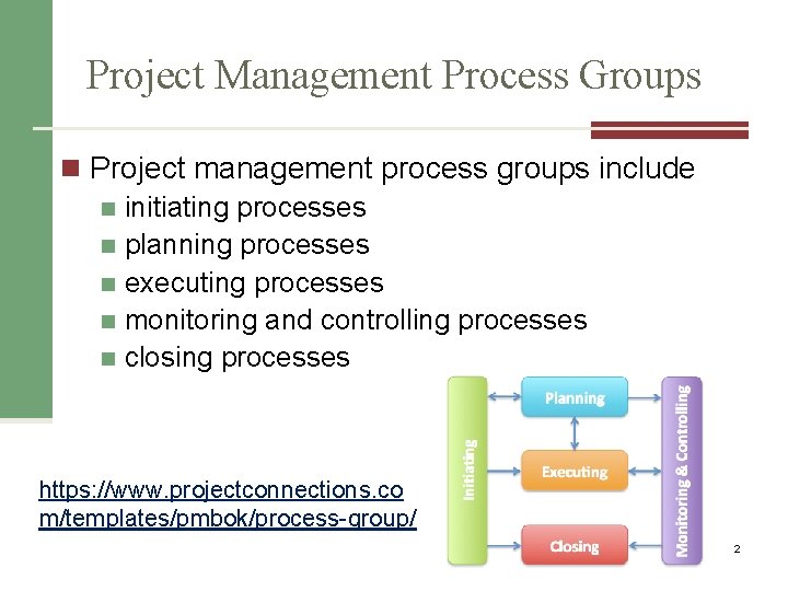 Project Management Process Groups n Project management process groups include n initiating processes n