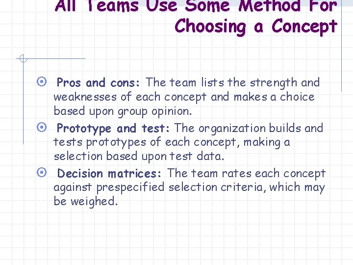 All Teams Use Some Method For Choosing a Concept ¤ Pros and cons: The