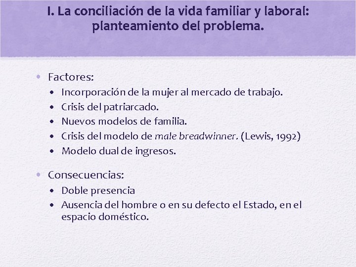 I. La conciliación de la vida familiar y laboral: planteamiento del problema. • Factores: