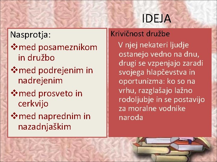 IDEJA Nasprotja: vmed posameznikom in družbo vmed podrejenim in nadrejenim vmed prosveto in cerkvijo