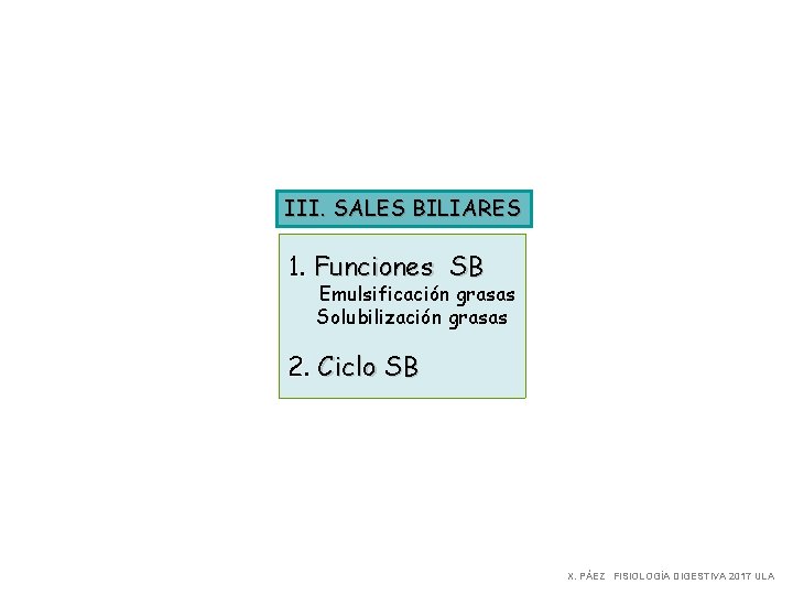 III. SALES BILIARES 1. Funciones SB Emulsificación grasas Solubilización grasas 2. Ciclo SB X.