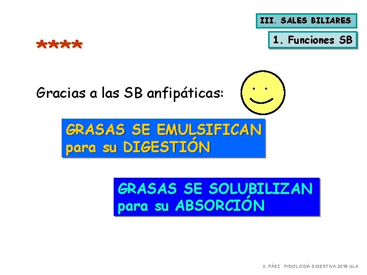 III. SALES BILIARES 1. Funciones SB **** Gracias a las SB anfipáticas: . .