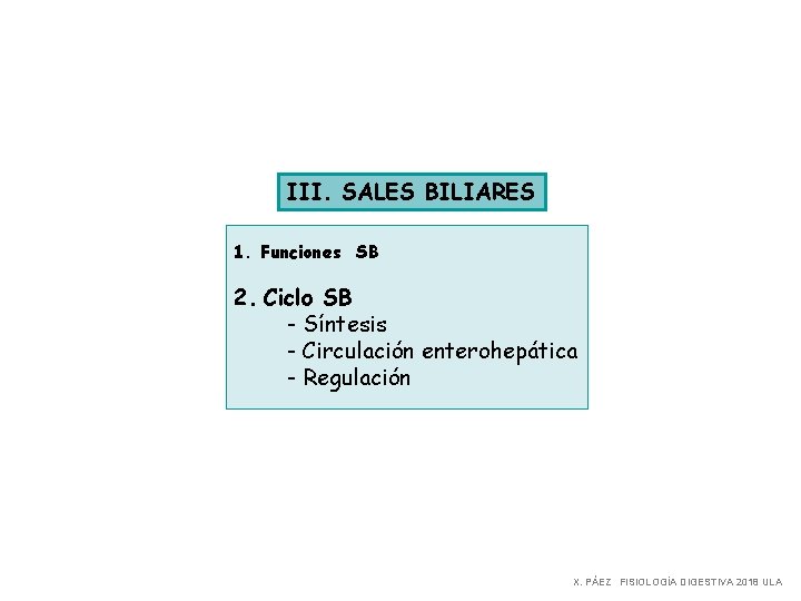III. SALES BILIARES 1. Funciones SB 2. Ciclo SB - Síntesis - Circulación enterohepática