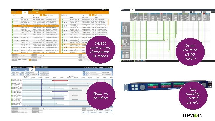 Select source and destination in tables Book on timeline Crossconnect using matrix Use existing