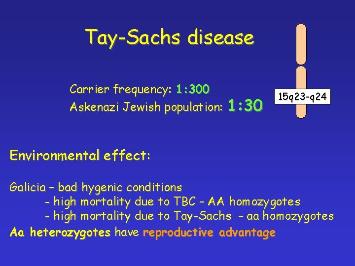 Tay-Sachs disease Carrier frequency: 1: 300 Askenazi Jewish population: 1: 30 15 q 23