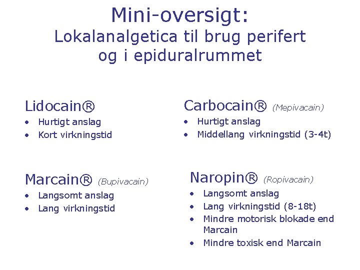 Mini-oversigt: Lokalanalgetica til brug perifert og i epiduralrummet Lidocain® Carbocain® • Hurtigt anslag •