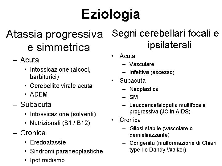 Eziologia Atassia progressiva Segni cerebellari focali e ipsilaterali e simmetrica – Acuta • Intossicazione