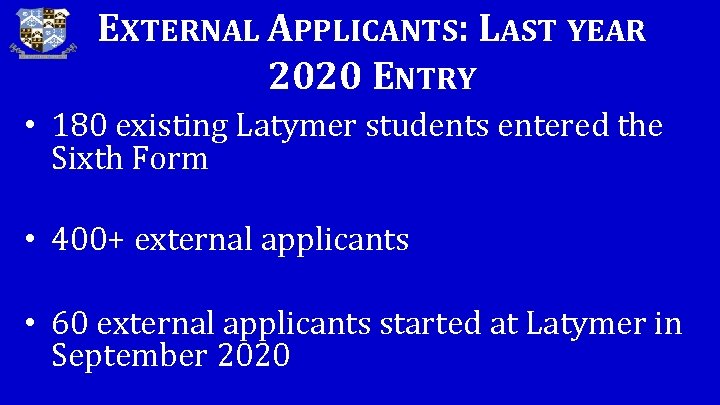 EXTERNAL APPLICANTS: LAST YEAR 2020 ENTRY • 180 existing Latymer students entered the Sixth