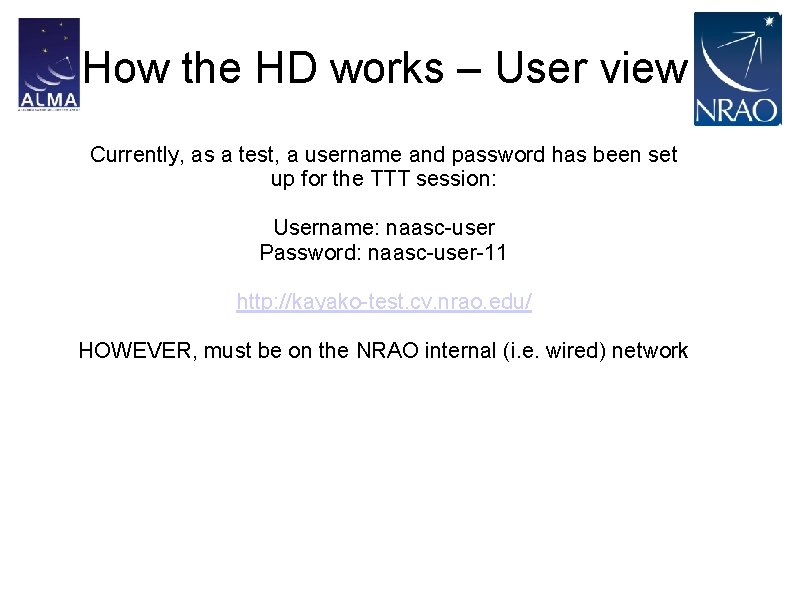 How the HD works – User view Currently, as a test, a username and